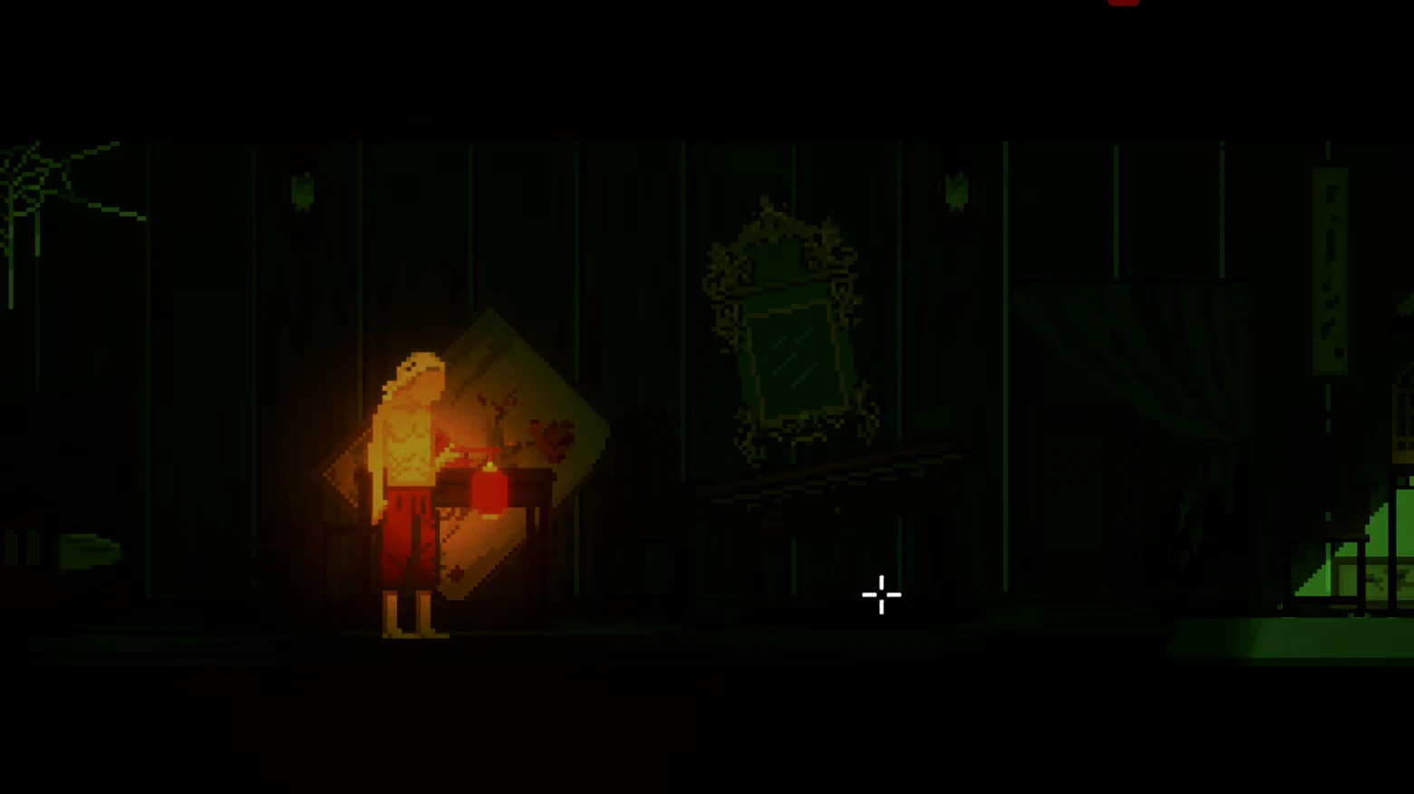 THE GUTTER: Pixel figure by red lantern, ornate mirror on wall, white crosshair center.