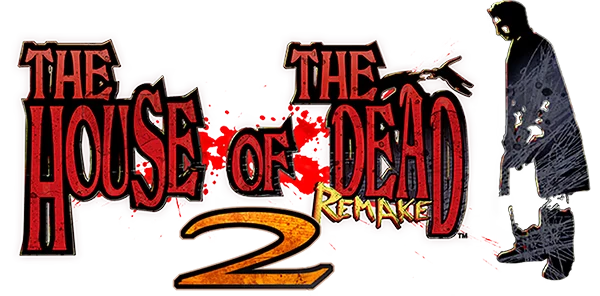 THE HOUSE OF THE DEAD 2: Red splattered title with shadowy figure holding a gun on the right.