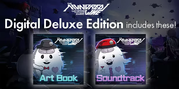 The Hundred Line -Last Defense Academy- Demo Ver.: Digital Deluxe Edition text with two ghost-like characters on Art Book and Soundtrack covers.