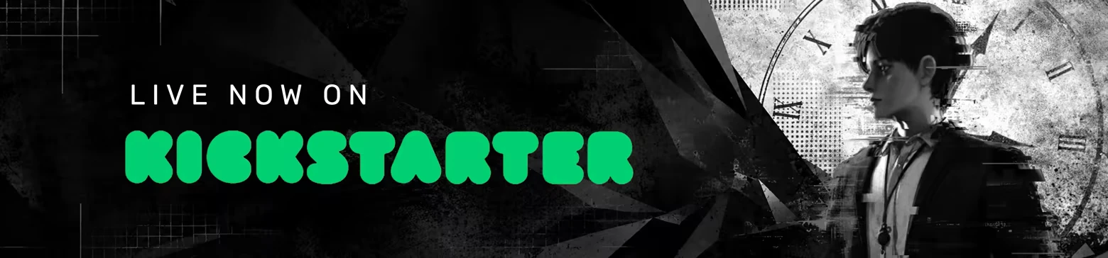 The Internal: “LIVE NOW ON” above green KICKSTARTER, grayscale suited figure right.