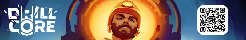 The King is Watching: A bearded miner with a headlamp, bold "DRILL CORE" text, and a QR code.