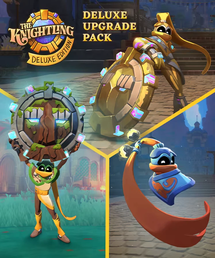 The Knightling: Deluxe Edition logo, armored character with shield, and two dynamic poses.