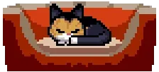 The Last Cat in the Universe: Pixel art cat sleeping on a red cushion with a peaceful expression.