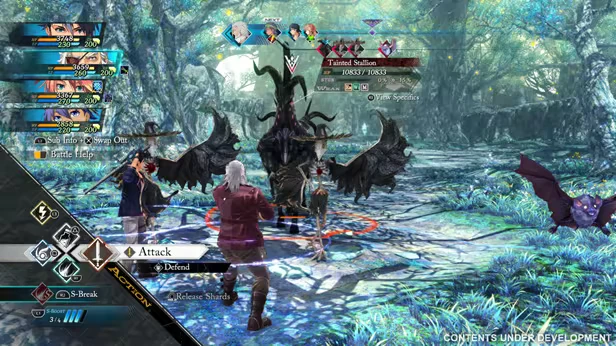 The Legend of Heroes: Characters battle a Tainted Stallion in a forest with turn-based UI elements.