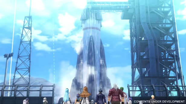 The Legend of Heroes: Characters watch a rocket launch from a platform under a bright blue sky.