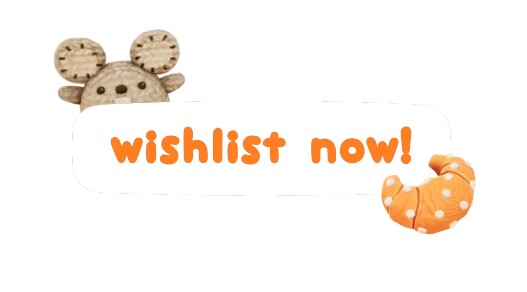 The Little Crumb: Mouse peeks over white banner reading “wishlist now!” with croissant icon.