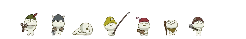 Little Villagers Lineup – The Little Land The Little Land: Row of seven cartoon villagers with hats, tools, and a dog on black.