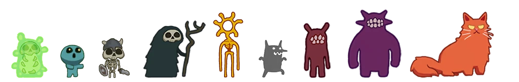 Monster Roster – The Little Land The Little Land: Row of cartoon creatures, including grim reaper, monsters, and orange cat.