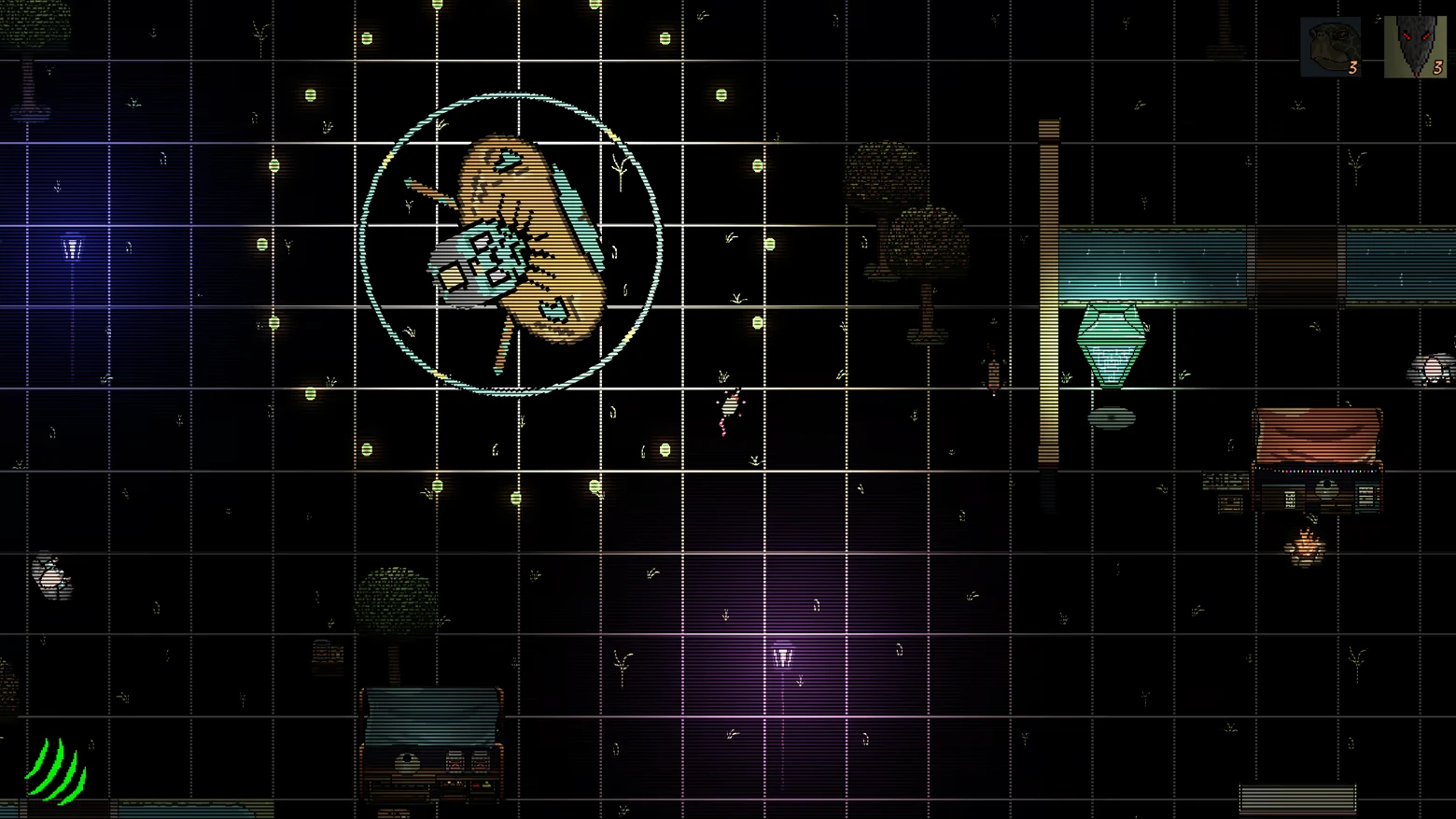 The Little Ones: Grid-based map with glowing elements, trees, a large insect, and UI icons.