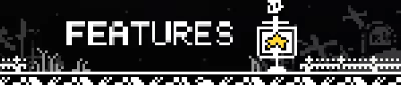 The Long Tale: "FEATURES" text in bold, pixelated skeleton holding a star in a black and white scene.