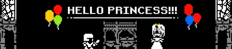 The Long Tale: Pixel knight greets princess under archway, balloons float, text reads "HELLO PRINCESS!!!"