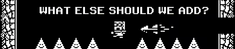 The Long Tale: Pixelated character jumps over spikes with text "WHAT ELSE SHOULD WE ADD?"