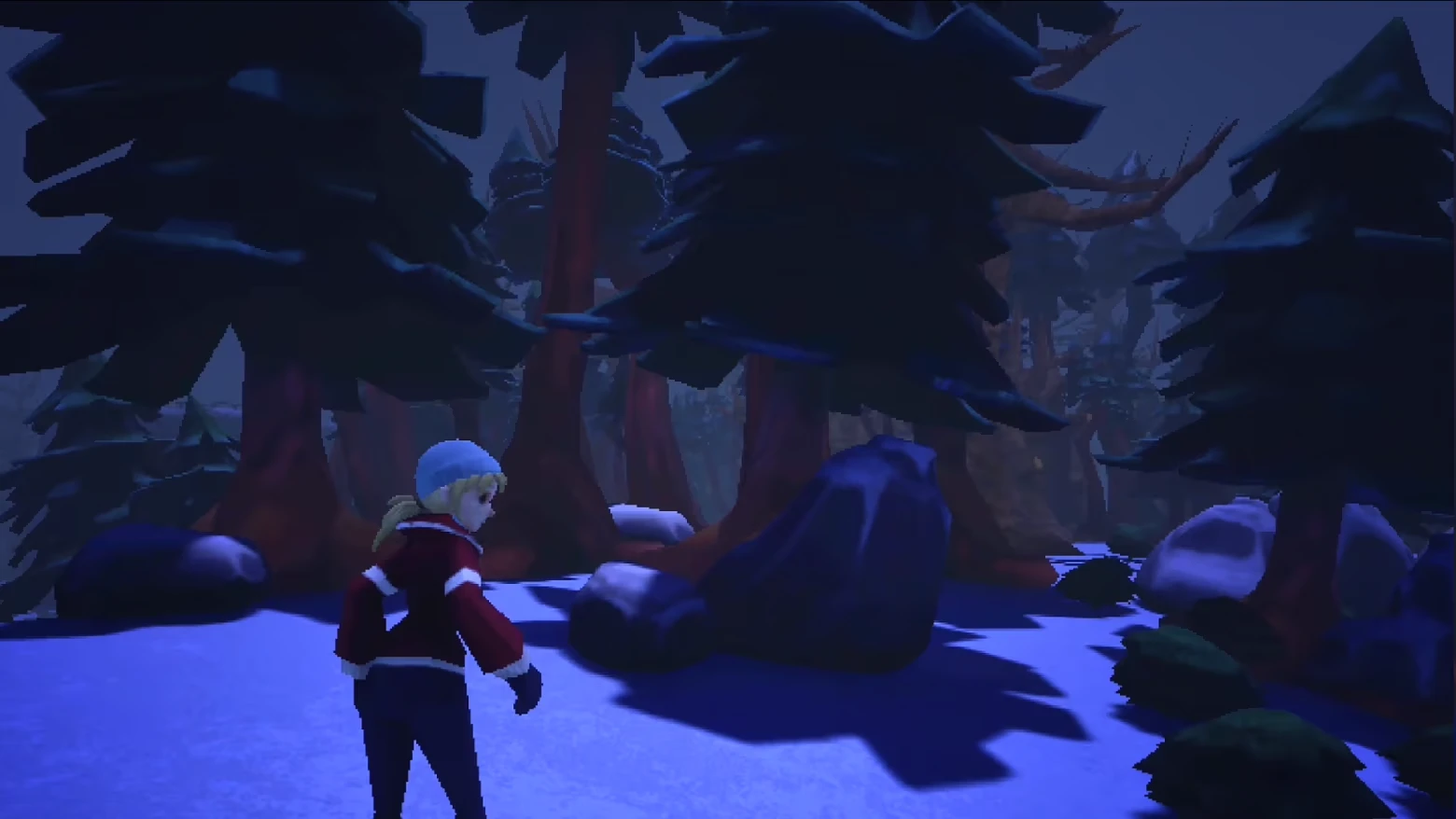 The Long Wake: Character in red coat walks through snowy pine forest at night.