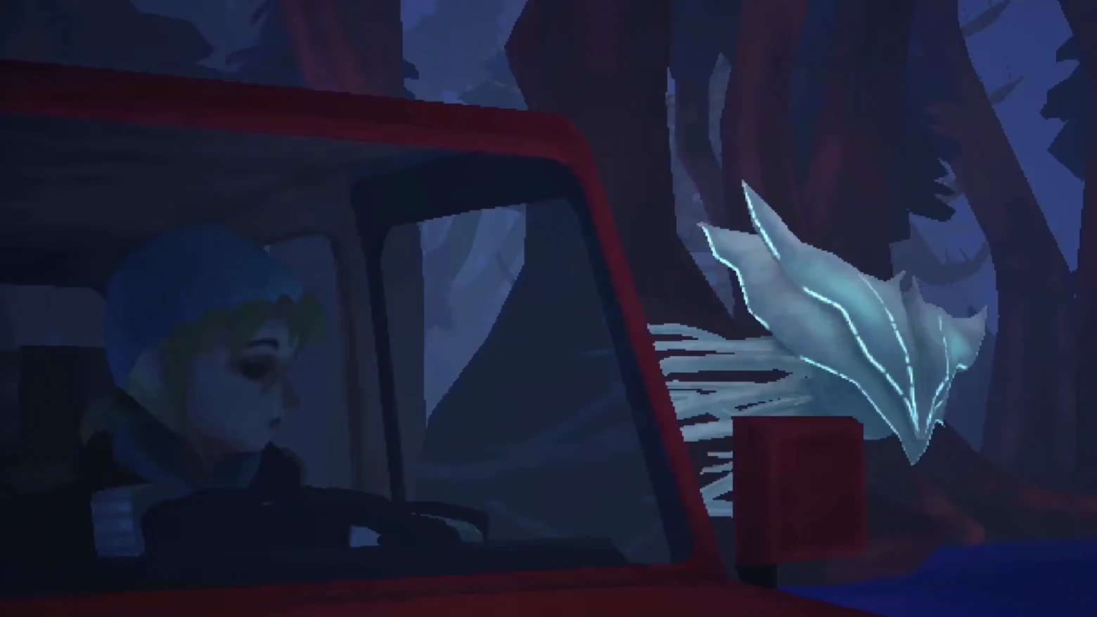 The Long Wake: Driver in red truck as glowing white creature looms outside window.