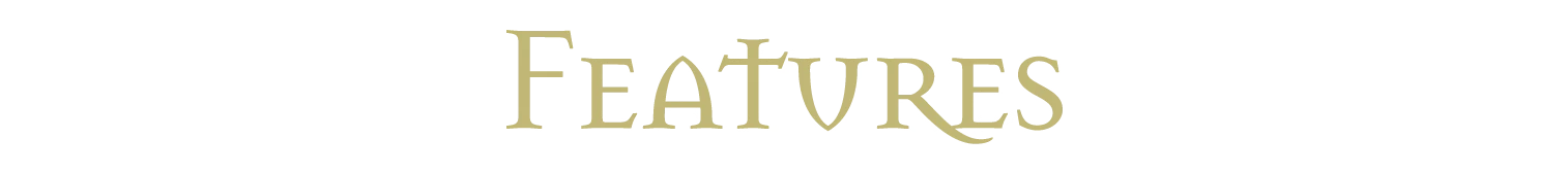 The Looking Glass Wars: Large gold serif word “FEATURES” on a black background.