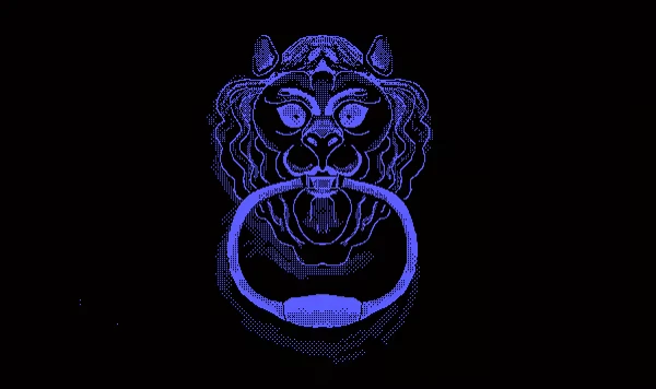 The Luckiest in the Megaverse: Neon blue lion head with a ring in its mouth on a black background.