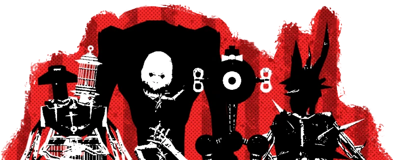 The Mare Show: Four abstract, shadowy figures with mechanical features on a red, textured background.