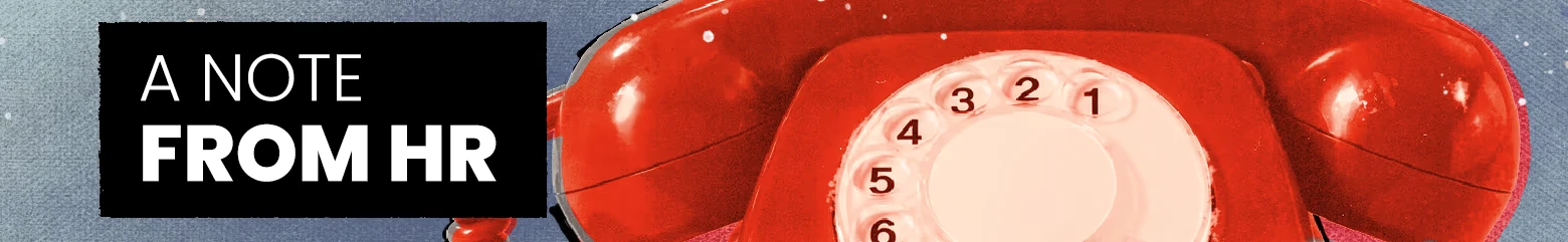 The Margot Collapse: Black banner text “A NOTE FROM HR” beside red rotary phone.
