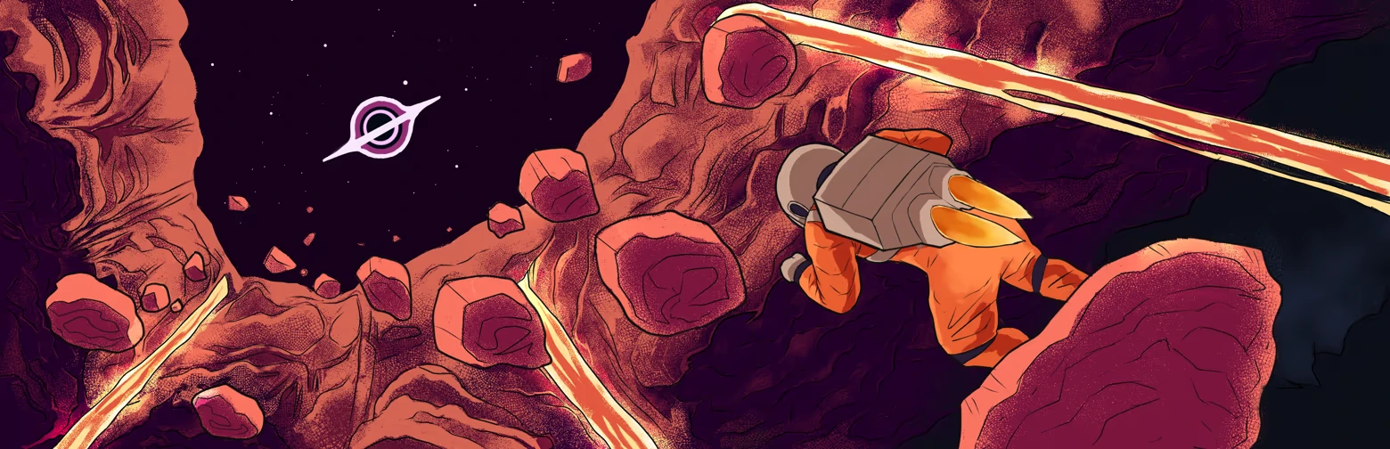 Jetpack Cavern Flight – The Misadventures of Spaceman Biff The Misadventures of Spaceman Biff: astronaut with jetpack flying past rocky cliffs in space.