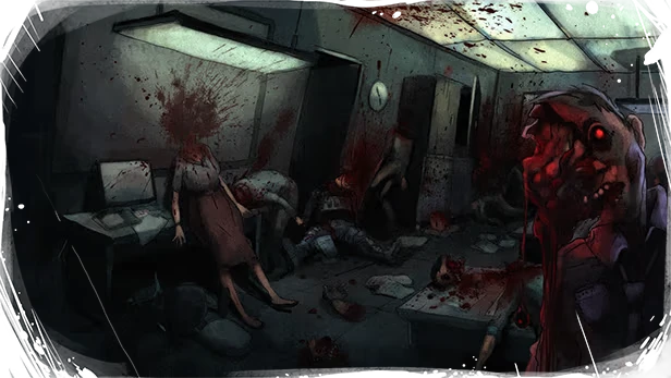 The Monkey’s Paw: Blood-splattered office with bodies on floor, red-eyed face close-up.