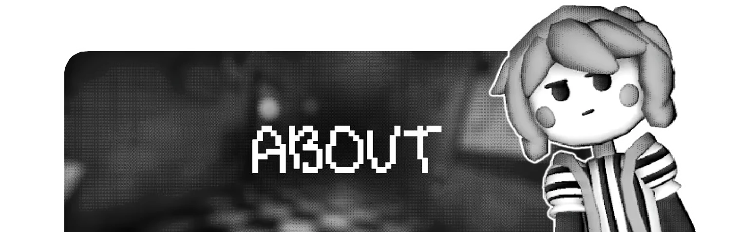 About Screen – The No Jumpscare Show The No Jumpscare Show: Pixel text “ABOUT” over blurred room, cartoon figure right.