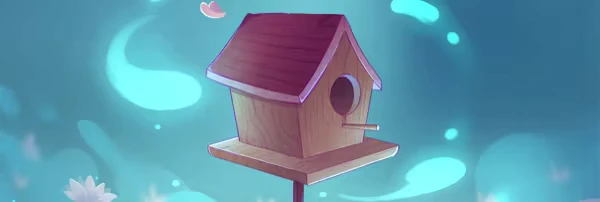 The Path of Ren: A wooden birdhouse with a red roof against a dreamy blue background.