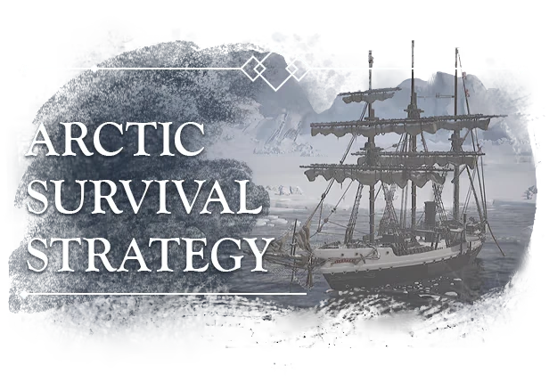 The Perilous North: “ARCTIC SURVIVAL STRATEGY” text beside a ship in icy sea.