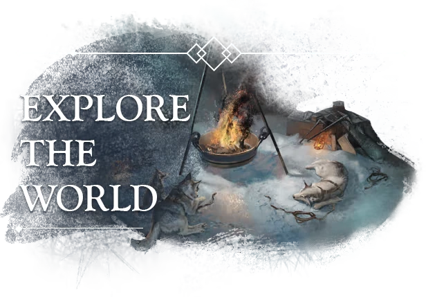 The Perilous North: “EXPLORE THE WORLD” text beside snowy campfire and tent scene.