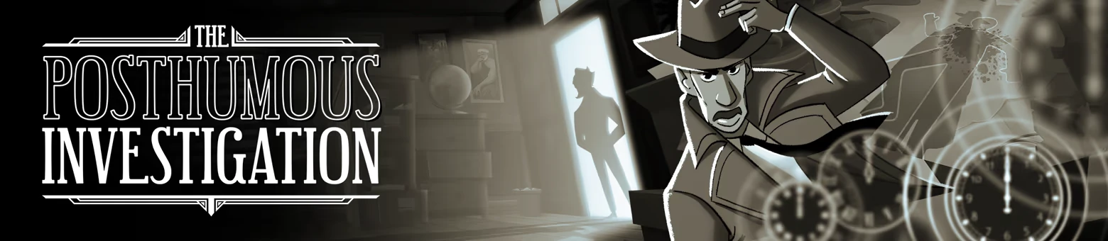 Detective Silhouette – The Posthumous Investigation The Posthumous Investigation: Noir detective in hat, shadowy figure, clocks, and room interior.