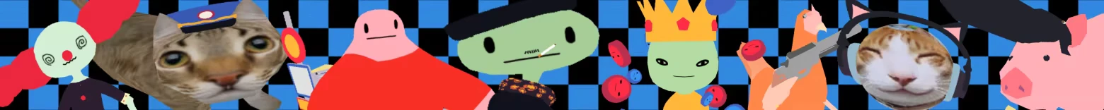 The Postman Cometh: Blue checkerboard with cartoon faces, cats, pig, crown, buttons.