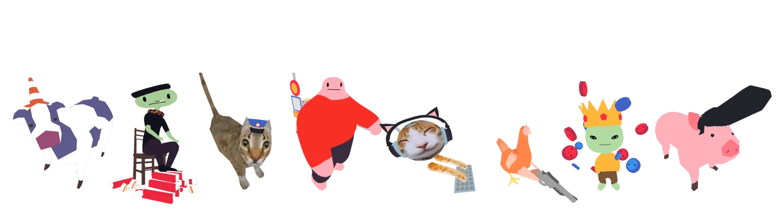 Villager Lineup – The Postman Cometh The Postman Cometh: Row of quirky characters, cats, cow, chicken with gun, pig.
