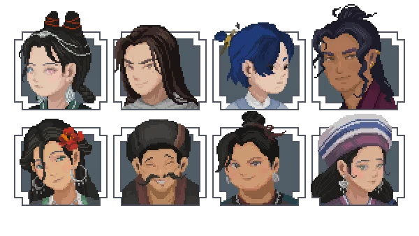 The Rewinder 2: Eight pixel art character portraits with diverse hairstyles and accessories.