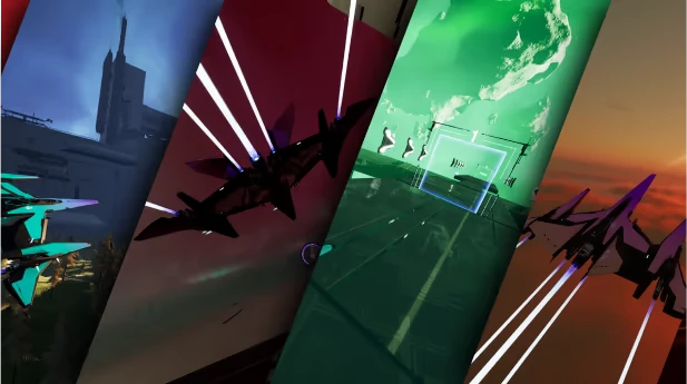 Race Tracks – THE RIFT THE RIFT: Four futuristic ships race through diverse arenas with vibrant skies and glowing trails.