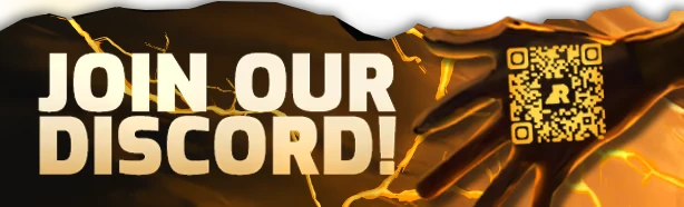The Rifted Skies: “JOIN OUR DISCORD!” text with QR code on orange cracked background.