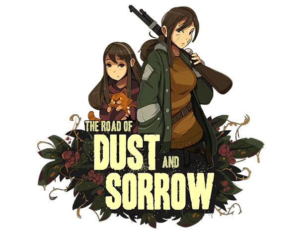 The Road of Dust and Sorrow: Woman with shotgun, girl holding cat, title text below.