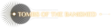 The Shadow Beneath: Orange title “TOMBS OF THE BANISHED” with sunburst emblem on black.