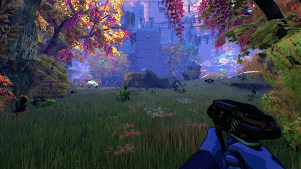 THE SIGNAL: Lush alien forest with colorful foliage, character holding a futuristic device in hand.