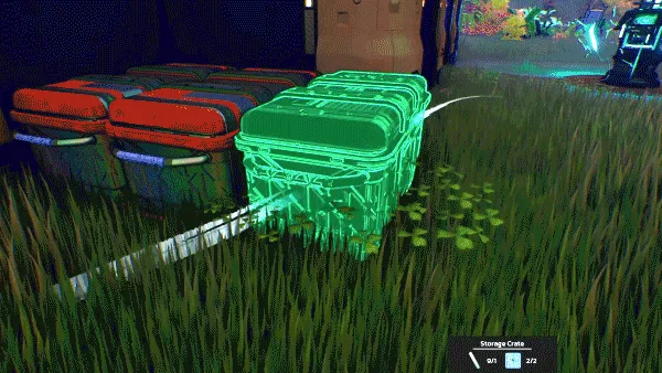 THE SIGNAL: Red and green storage crates on grass, with UI showing "Storage Crate" and item count.