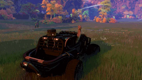 THE SIGNAL: A rugged vehicle on grassy terrain with colorful trees and an alien creature nearby.
