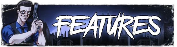 Features Screen – The Skin Stapler The Skin Stapler: Detective with glasses holds a gun; bold "FEATURES" text over city skyline.