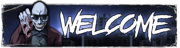 Welcome Screen – The Skin Stapler The Skin Stapler: A grinning figure holds a mask, with "WELCOME" in bold, jagged white text.