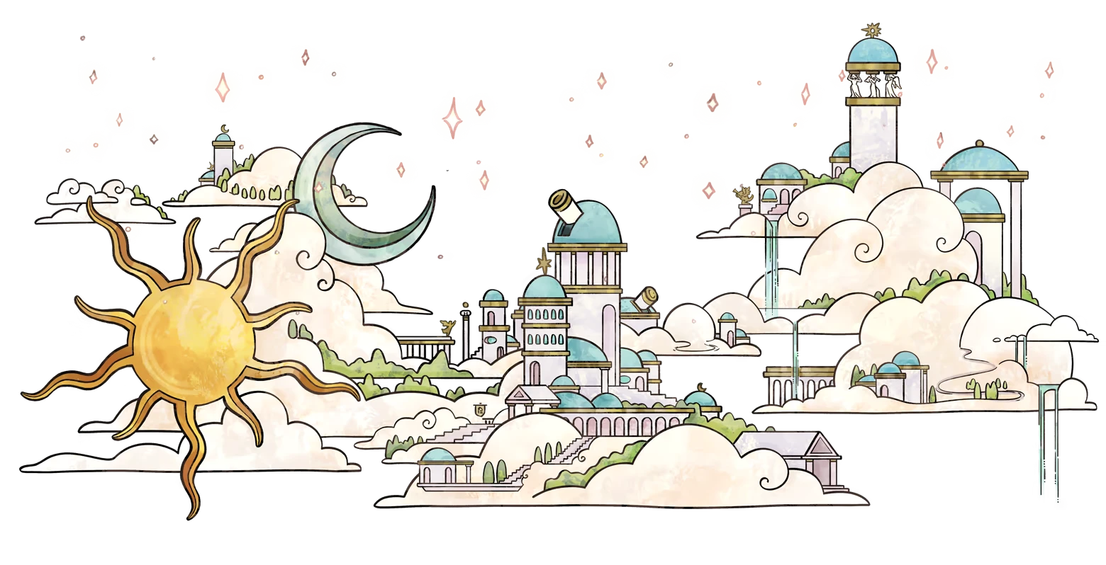 Cloud Cityscape – The Sky Project: Land of Noris The Sky Project: Sun, crescent moon, and cloud city with blue domes and stars.