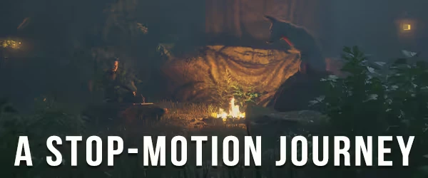 The Spirit of the Samurai: A samurai by a campfire, shadowy figure, text "A STOP-MOTION JOURNEY".