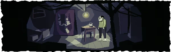 The Supper: A man stands by a table with a jug under a hanging light in a dimly lit room.