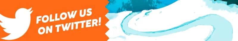 The Vast White: Orange banner with "FOLLOW US ON TWITTER!" beside a white bird icon.