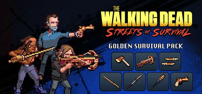 The Walking Dead: Pixel heroes aim guns; “GOLDEN SURVIVAL PACK” weapon icons shown.