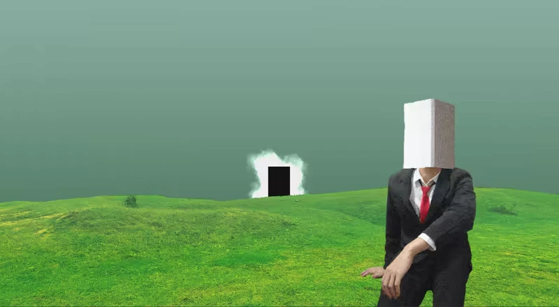 The Window 8: A figure in a suit with a box head sits on grass; a glowing doorway in the distance.