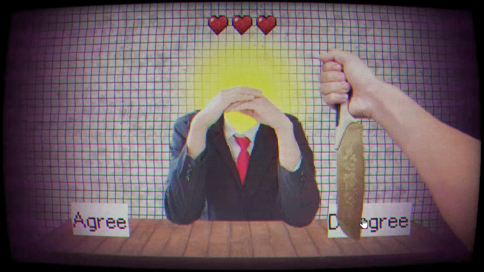 The Window 8: A suited figure with a glowing face, knife in hand, options "Agree" and "Disagree".