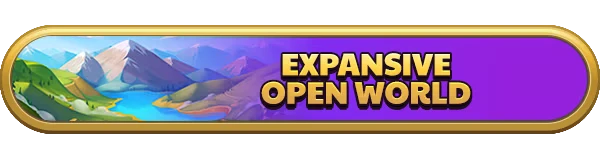 The World of Nifty Craft: Gold-bordered button with mountains, lake, and "Expansive Open World" text.