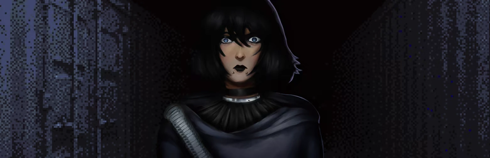 THERMOCLINE: Close-up of pale woman with black hair, blue eyes, dark cloak in shadows.